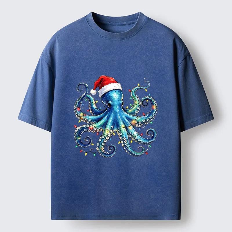 Tokyo‑Tiger Christmas Octopus Lights Washed T‑Shirt Sale