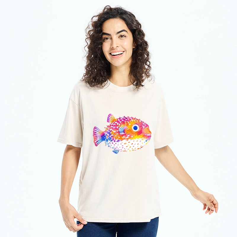 Tokyo-Tiger Rainbow Watercolor Puffer Fish Art Washed T-Shirt