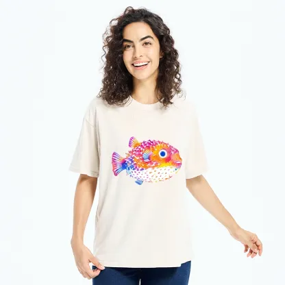 Tokyo-Tiger Rainbow Watercolor Puffer Fish Art Washed T-Shirt