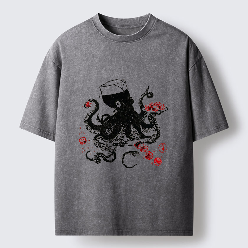 Tokyo-Tiger Octopus Making Sushi Funny Meme Washed T-Shirt