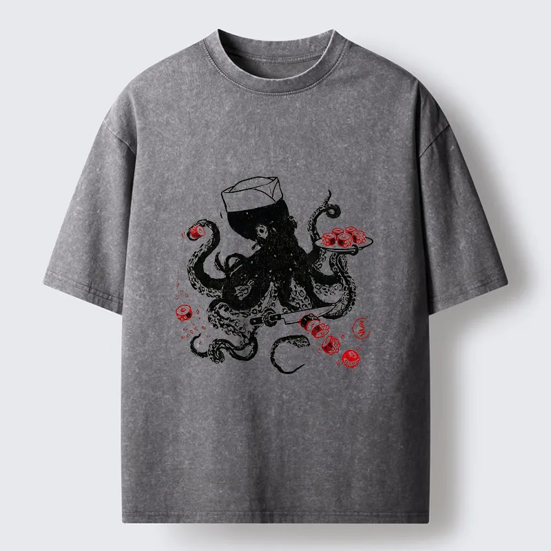 Tokyo-Tiger Octopus Making Sushi Funny Meme Washed T-Shirt
