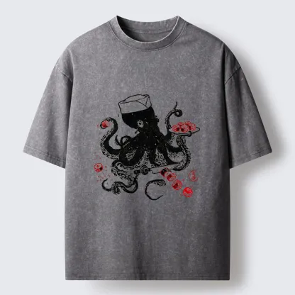 Tokyo-Tiger Octopus Making Sushi Funny Meme Washed T-Shirt