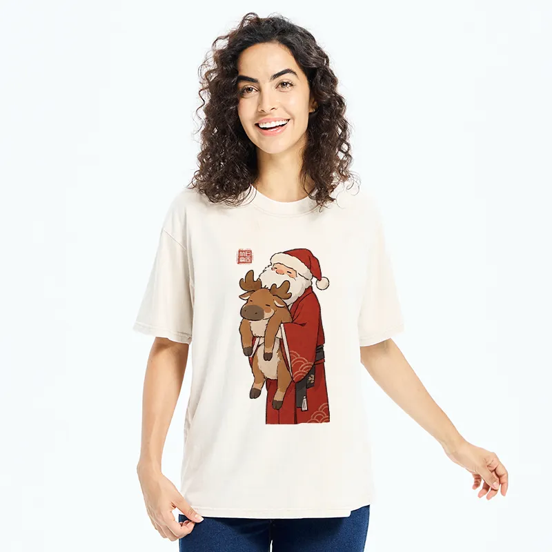 Tokyo‑Tiger Kimono Santa Hug Moose Washed T‑Shirt