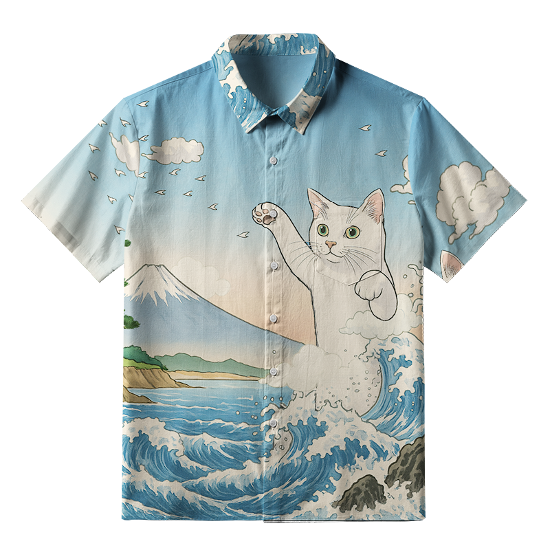 Tokyo-Tiger The Great Wave Off Giant Cat Button-up Shirt