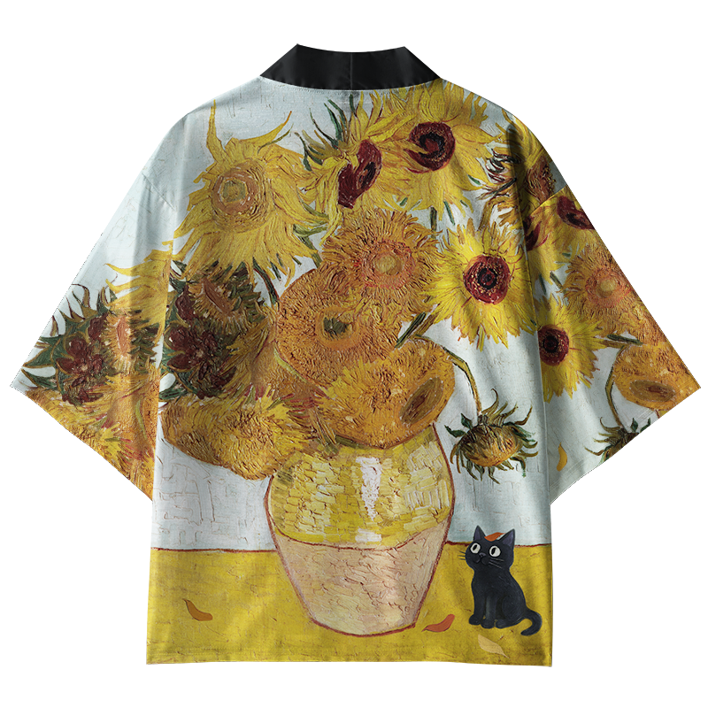 Tokyo-Tiger Sunflower And Black Cat Kimono Cardigan