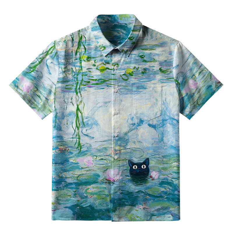 Tokyo-Tiger Black Cat In The Lotus Pond Button-up Shirt