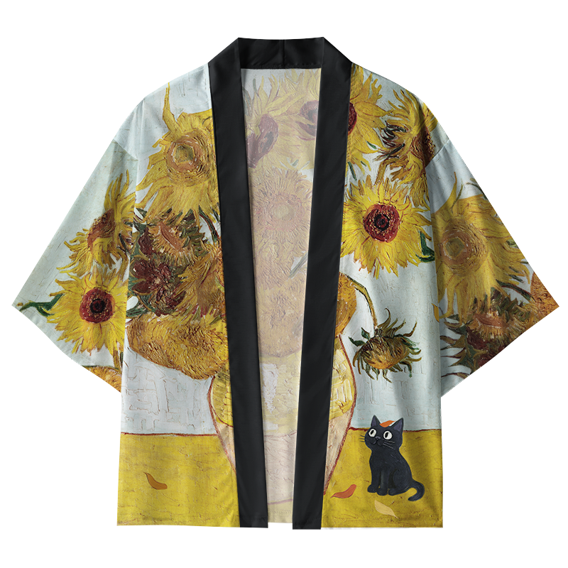 Tokyo-Tiger Sunflower And Black Cat Kimono Cardigan