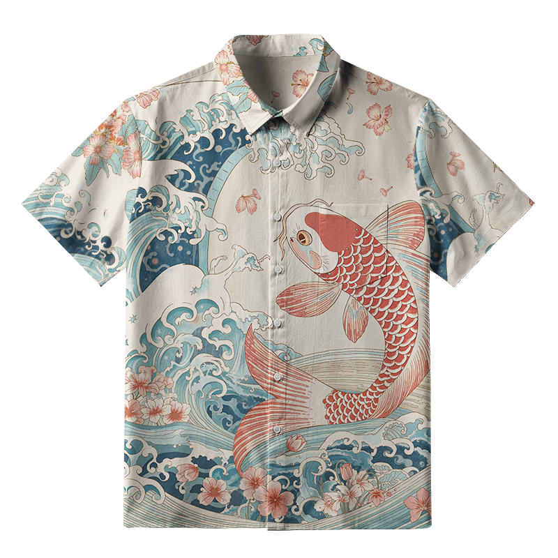 Tokyo-Tiger Koi With Sakura Waves Button-up Shirt