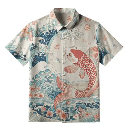 Tokyo-Tiger Koi With Sakura Waves Button-up Shirt