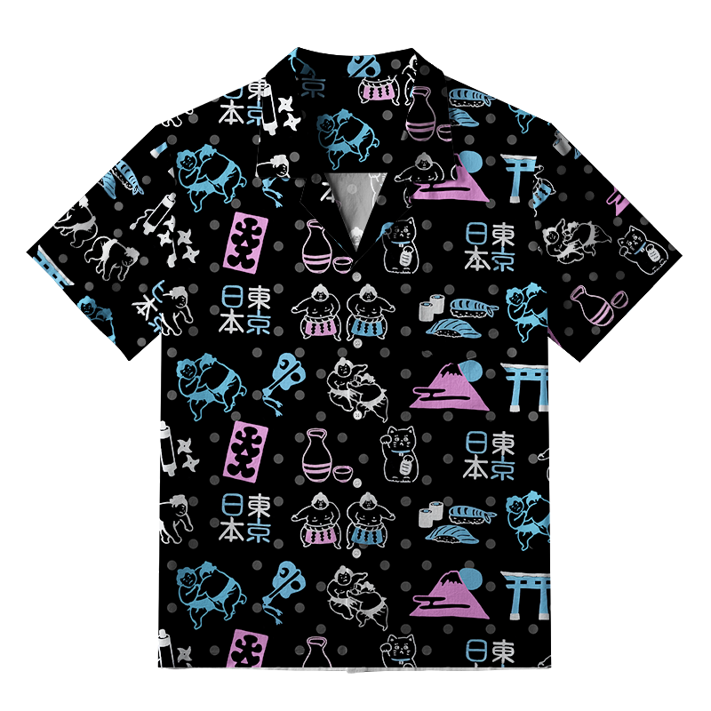 Tokyo-Tiger Japanese Element Combination Black Aloha Hawaiian Shirt