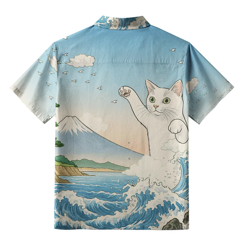 Tokyo-Tiger The Great Wave Off Giant Cat Button-up Shirt
