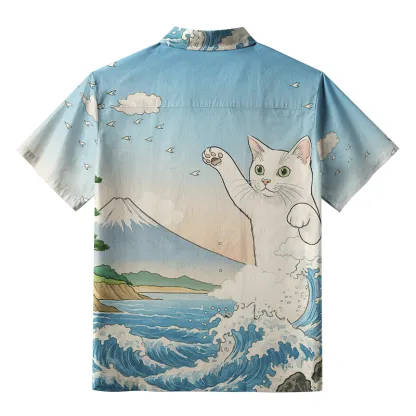Tokyo-Tiger The Great Wave Off Giant Cat Button-up Shirt