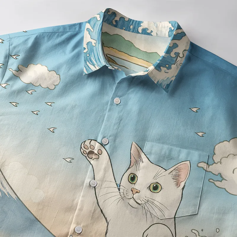 Tokyo-Tiger The Great Wave Off Giant Cat Button-up Shirt