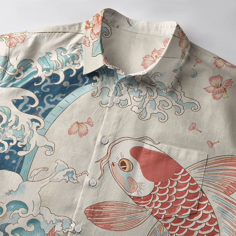 Tokyo-Tiger Koi With Sakura Waves Button-up Shirt