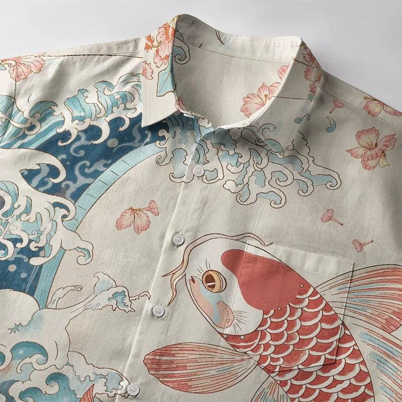 Tokyo-Tiger Koi With Sakura Waves Button-up Shirt