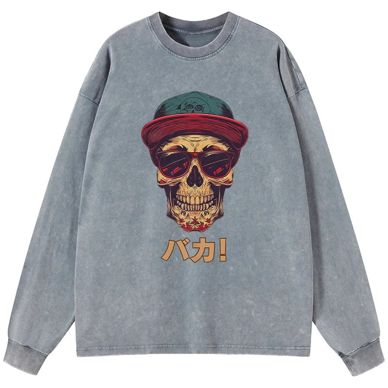 Tokyo-Tiger Fashion Skull Japanese Washed Long Sleeve T-Shirt