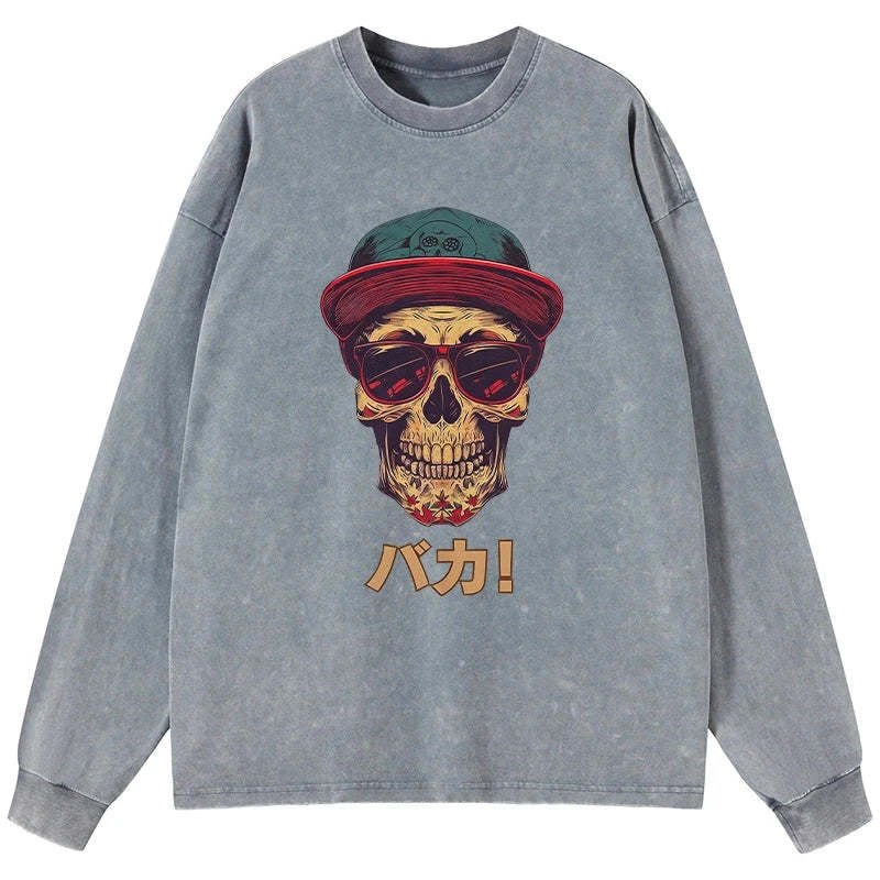 Tokyo-Tiger Fashion Skull Japanese Washed Long Sleeve T-Shirt