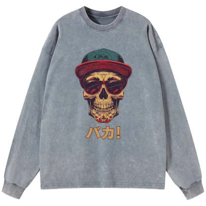 Tokyo-Tiger Fashion Skull Japanese Washed Long Sleeve T-Shirt