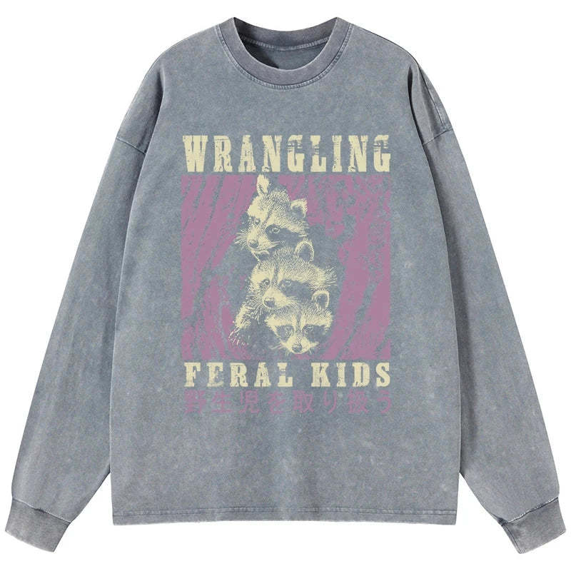 Tokyo-Tiger Wrangling Feral Raccoon Kids Washed Long Sleeve T-Shirt