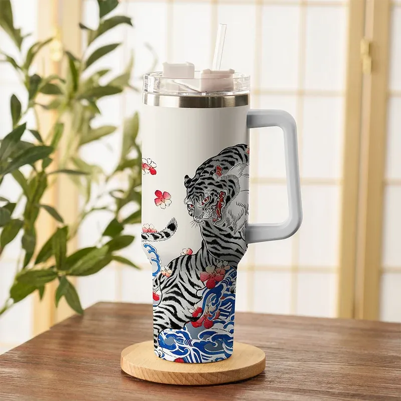 Tokyo-Tiger Fierce Tiger Amidst Sakura Wave 40oz Tumbler
