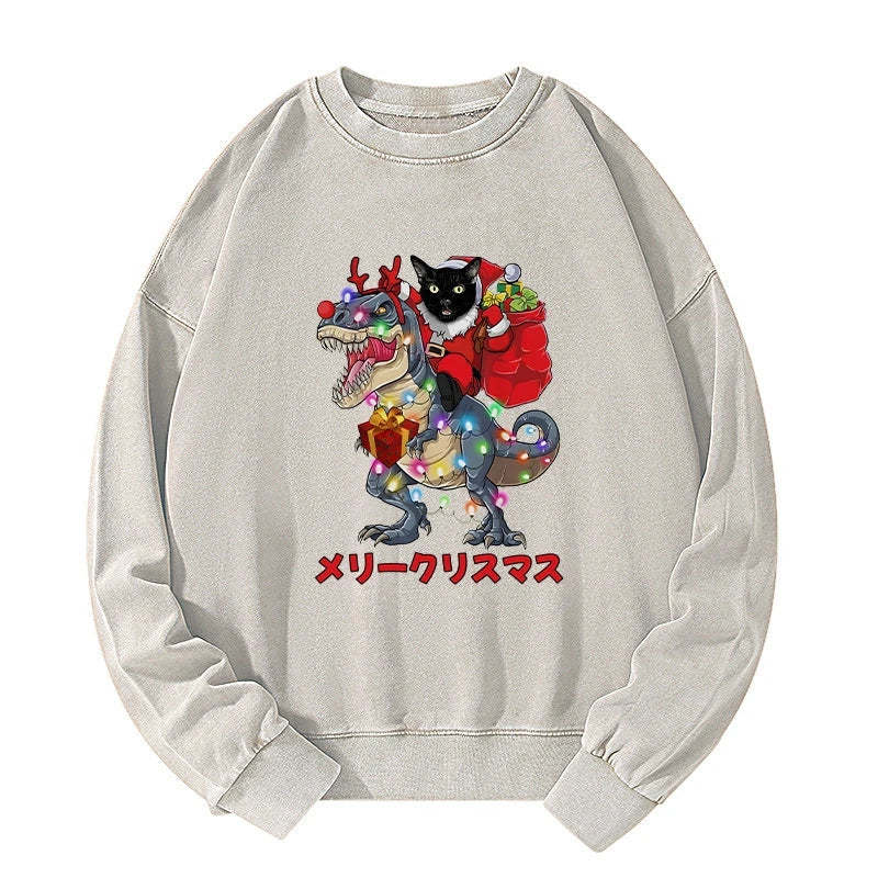 Tokyo-Tiger Cat Riding Dinosaur Christmas Washed Sweatshirt