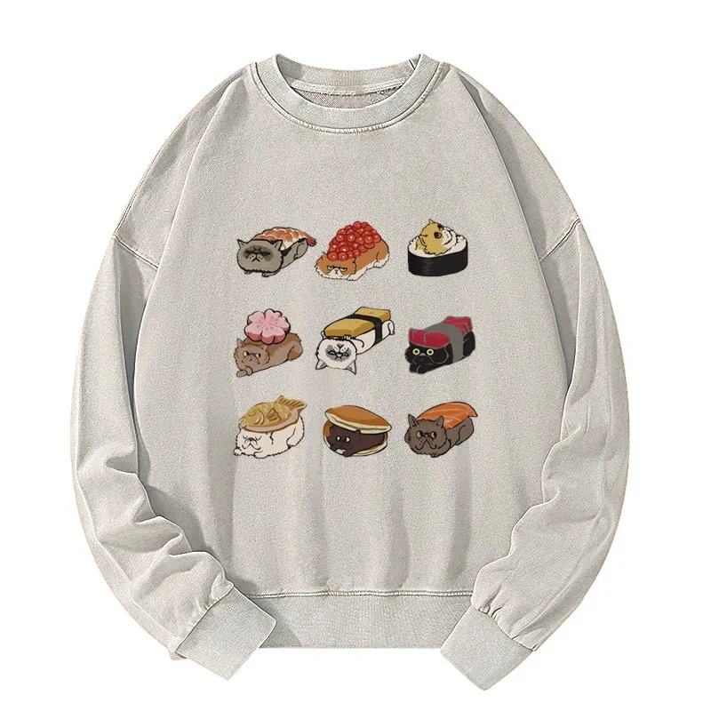 Tokyo-Tiger Cute Cat Sushi Washed Sweatshirt Sale