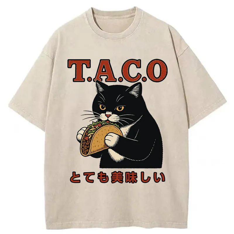 Tokyo-Tiger Cat Eating Taco Washed T-Shirt