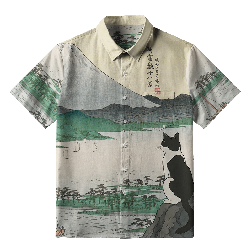 Tokyo-Tiger Cat Overlooking Lakeside View Button-up Shirt