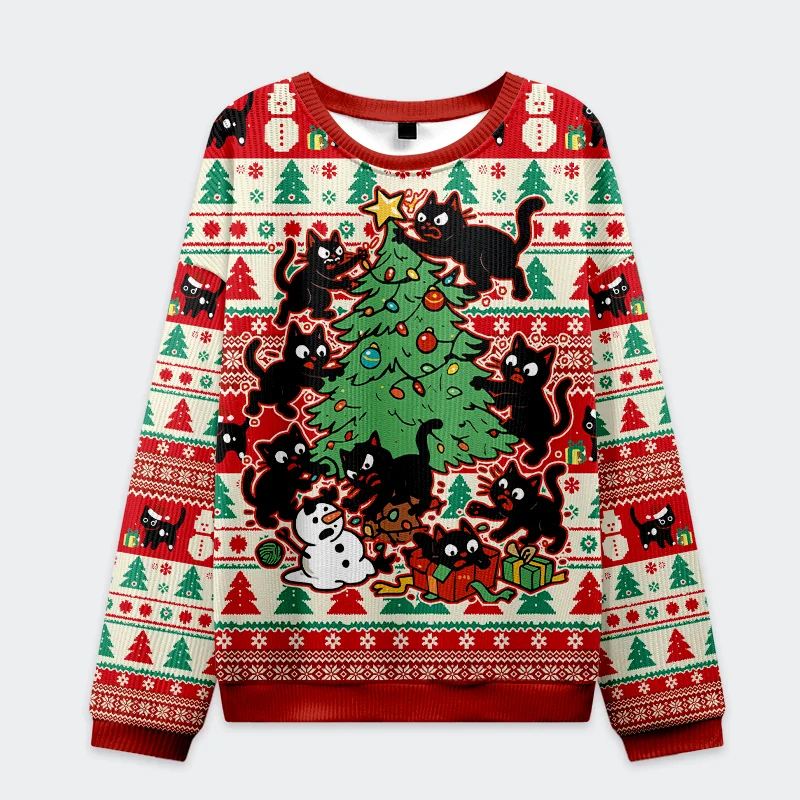 Tokyo-Tiger Black Cats Destroying Christmas Tree Christmas Ugly Sweatshirt