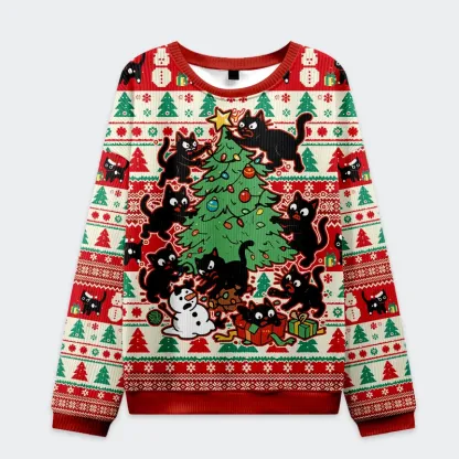 Tokyo-Tiger Black Cats Destroying Christmas Tree Christmas Ugly Sweatshirt