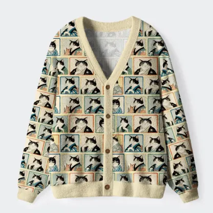 Tokyo-Tiger Japanese Cat Headshot Ugly Cardigan Sweater