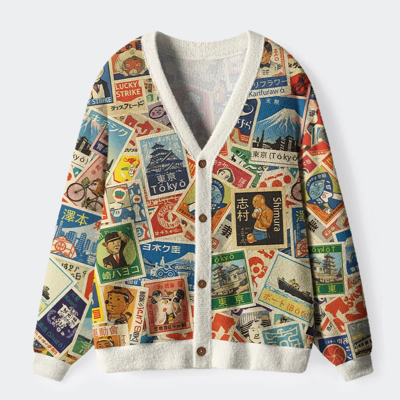 Tokyo-Tiger Japanese Vintage Stamps Ugly Cardigan Sweater