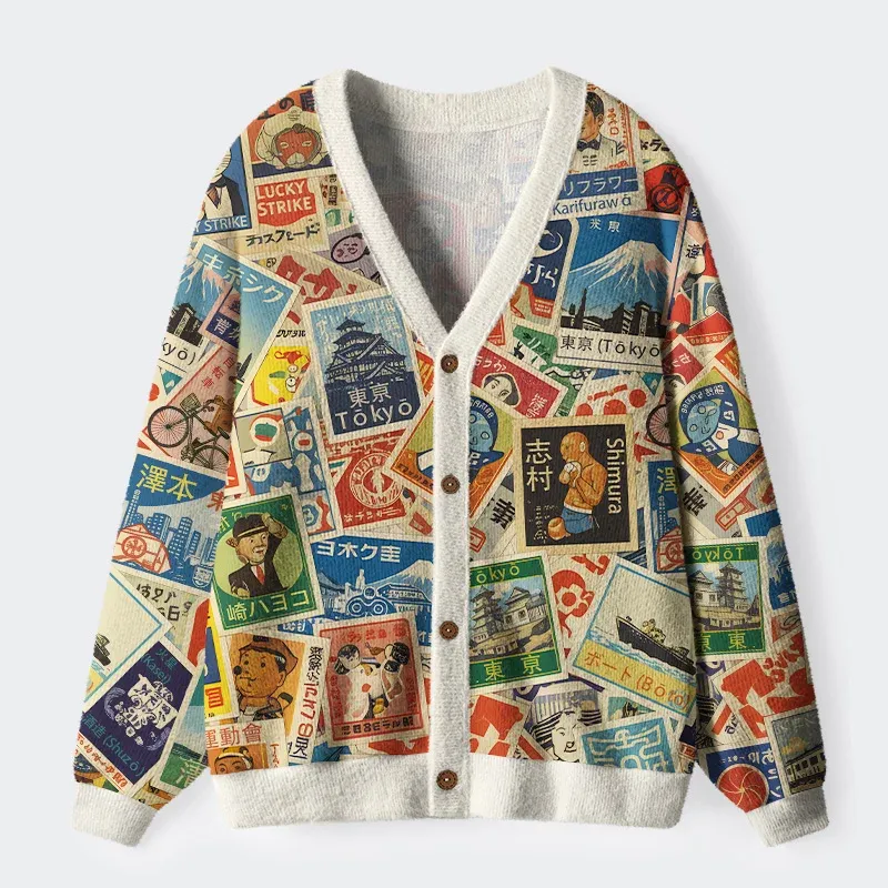 Tokyo-Tiger Japanese Vintage Stamps Ugly Cardigan Sweater