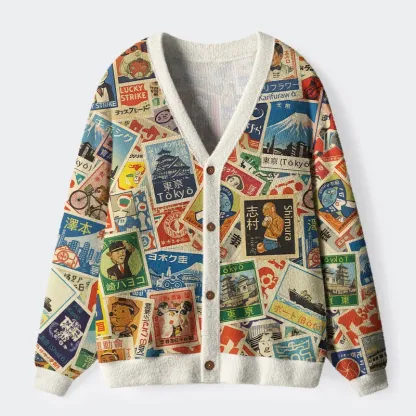Tokyo-Tiger Japanese Vintage Stamps Ugly Cardigan Sweater