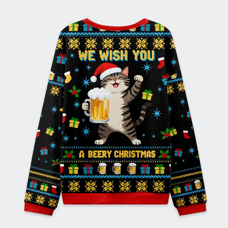 Tokyo-Tiger Cute Cat Drinking Beer Christmas Ugly Sweatshirt