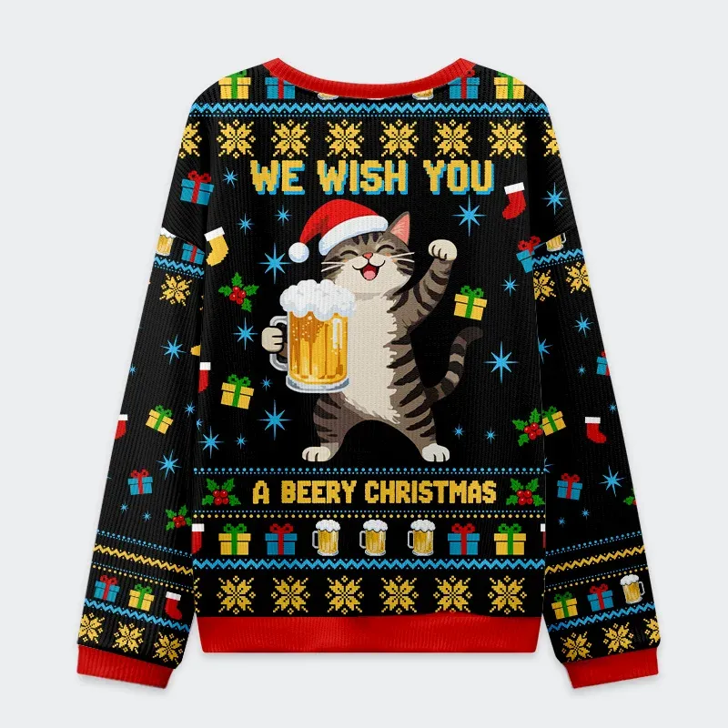 Tokyo-Tiger Cute Cat Drinking Beer Christmas Ugly Sweatshirt