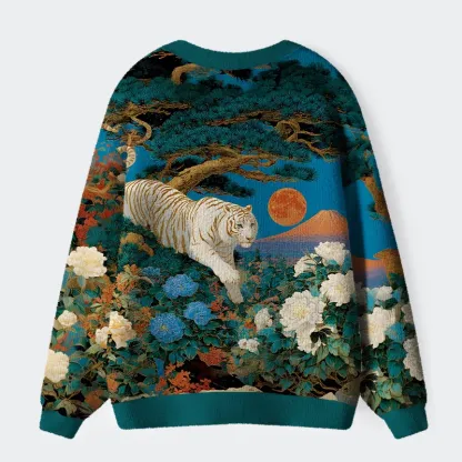 Tokyo-Tiger White Tiger Ukiyo-e Ugly Cardigan Sweater