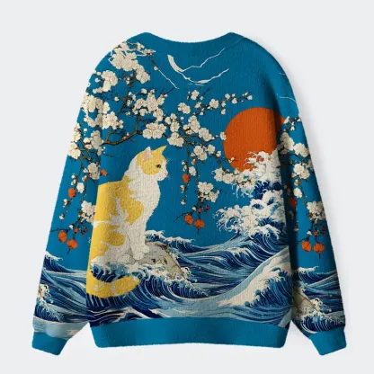 Tokyo-Tiger Waves And Cats Ugly Cardigan Sweater