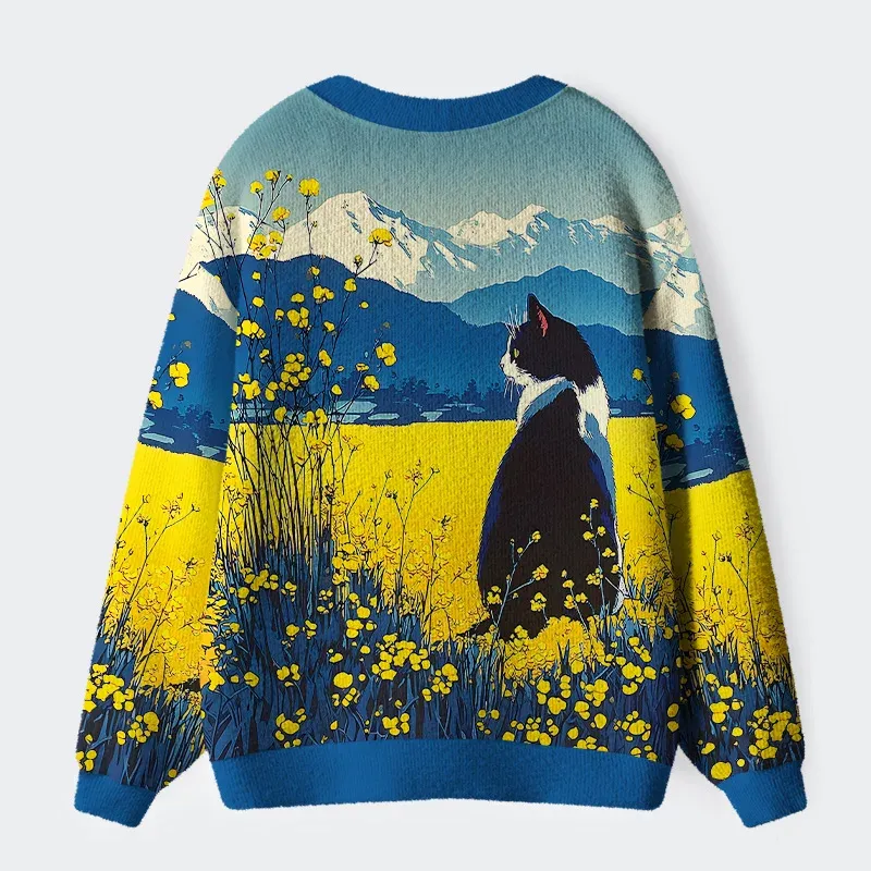 Tokyo-Tiger Cat Gazes Into The Distance In Daylily Ugly Cardigan Sweater