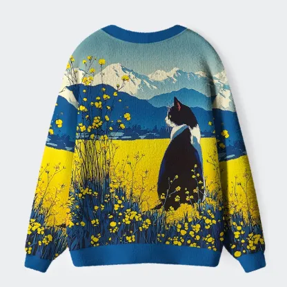 Tokyo-Tiger Cat Gazes Into The Distance In Daylily Ugly Cardigan Sweater