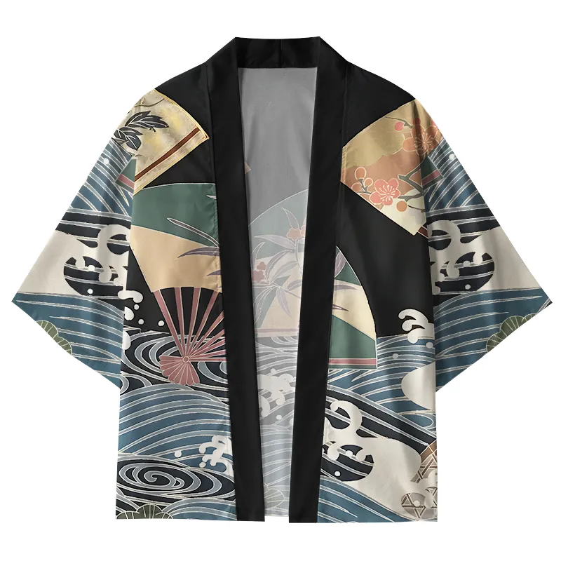 Tokyo-Tiger Kanagawa Wave Hand Fan Kimono Cardigan