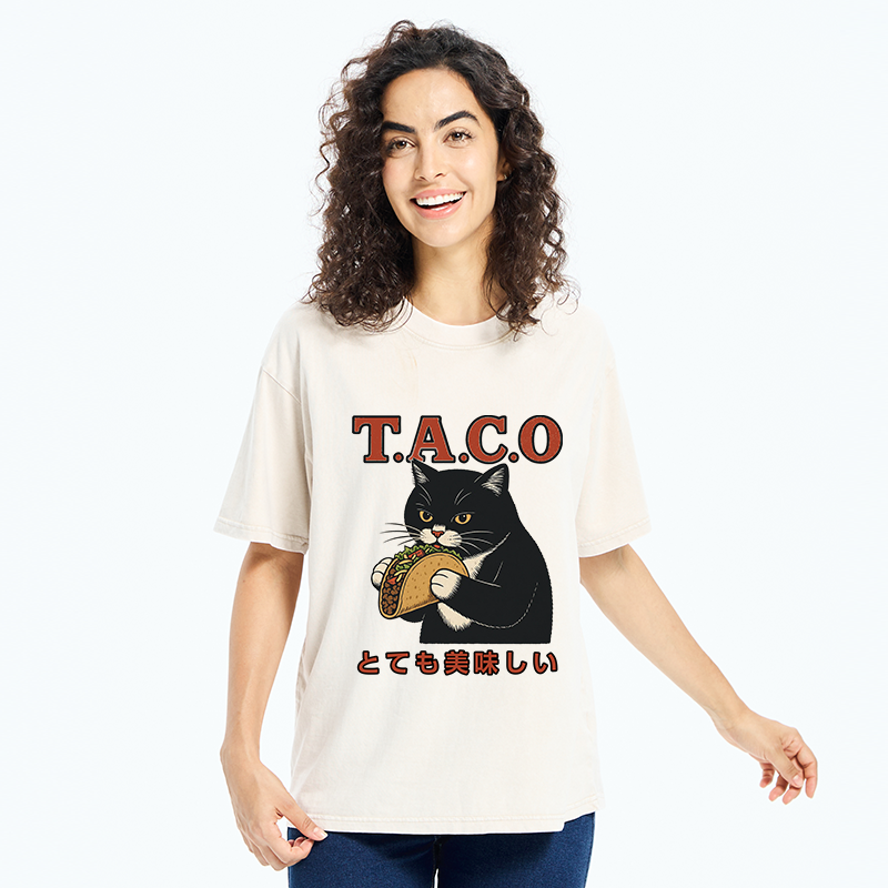 Tokyo-Tiger Cat Eating Taco Washed T-Shirt