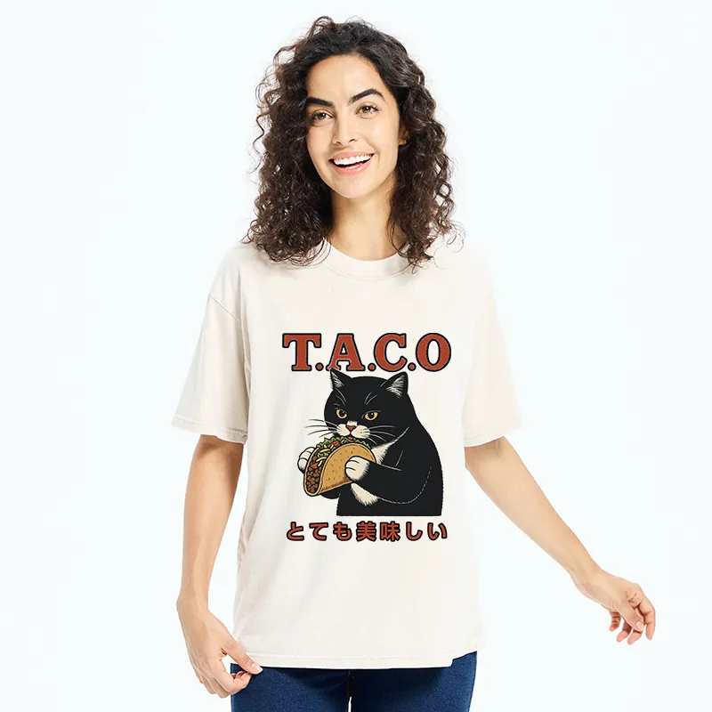 Tokyo-Tiger Cat Eating Taco Washed T-Shirt