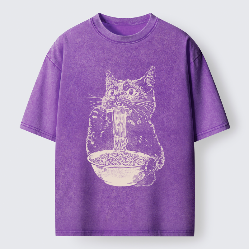 Tokyo-Tiger Black Cat Eats A Large Portion Of Ramen Washed T-Shirt