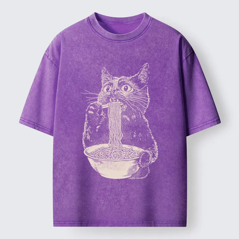 Tokyo-Tiger Black Cat Eats A Large Portion Of Ramen Washed T-Shirt