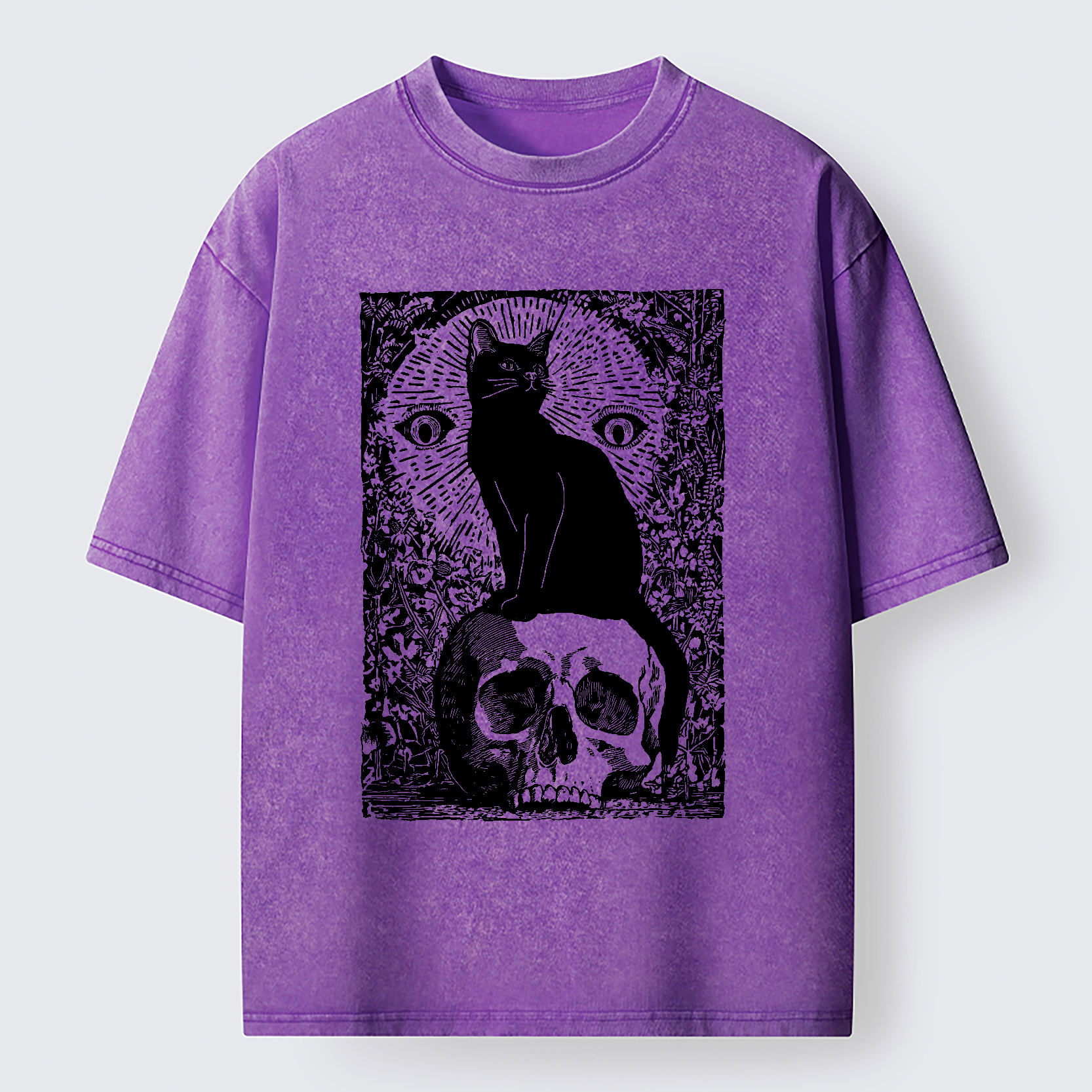 Tokyo-Tiger Black Cat Sitting On the Skull Washed T-Shirt