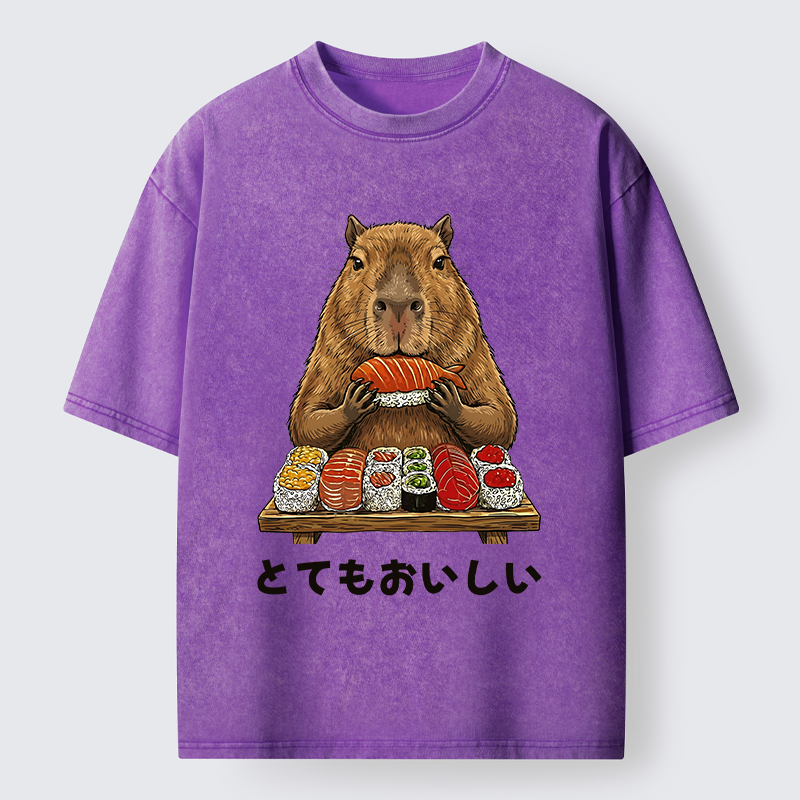 Tokyo-Tiger Capybaras Eat Sushi Washed T-Shirt