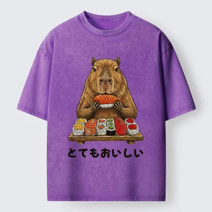 Tokyo-Tiger Capybaras Eat Sushi Washed T-Shirt