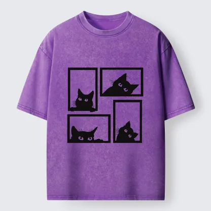 Tokyo-Tiger Cats In The Grid Washed T-Shirt