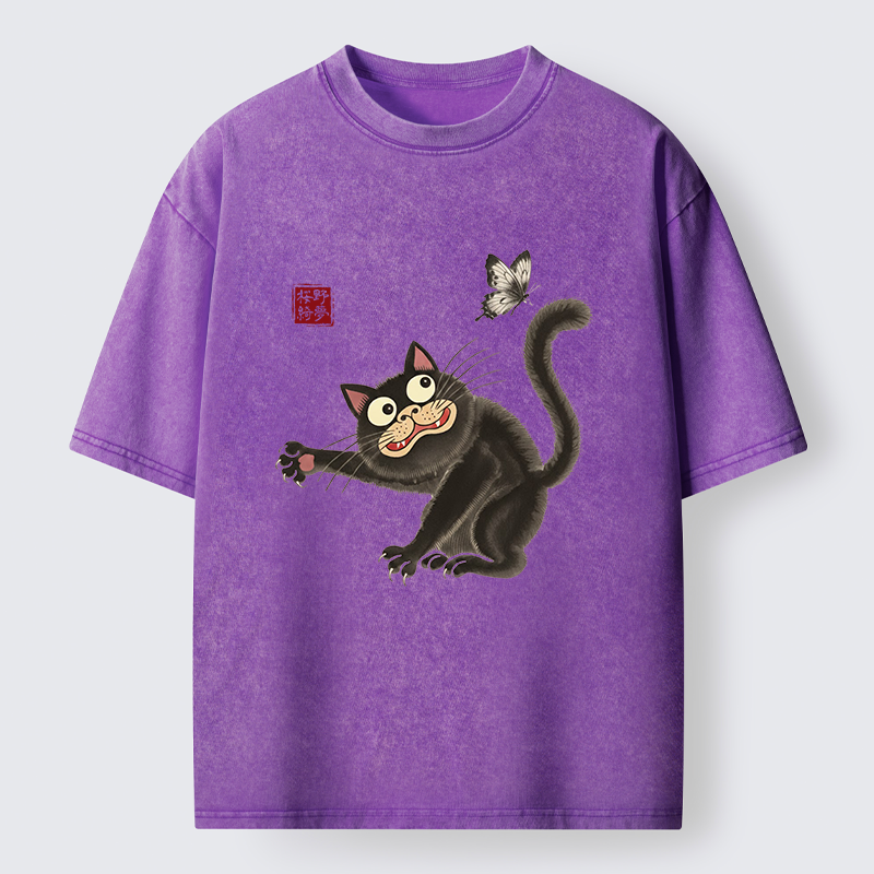 Tokyo-Tiger Cat Catching Butterflies Washed T-Shirt